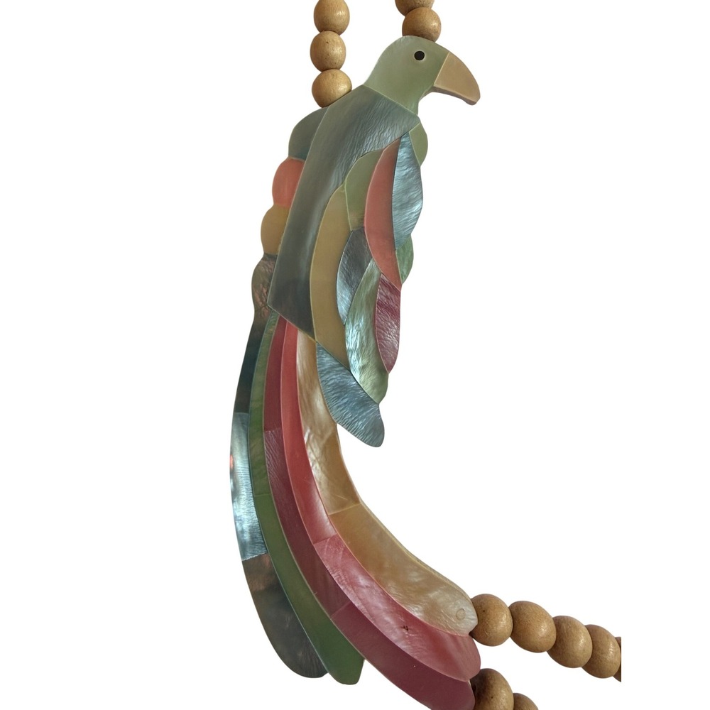 Vintage Mother of Pearl Parrot Shell Mosaic Wood Bead Double Strand Necklace